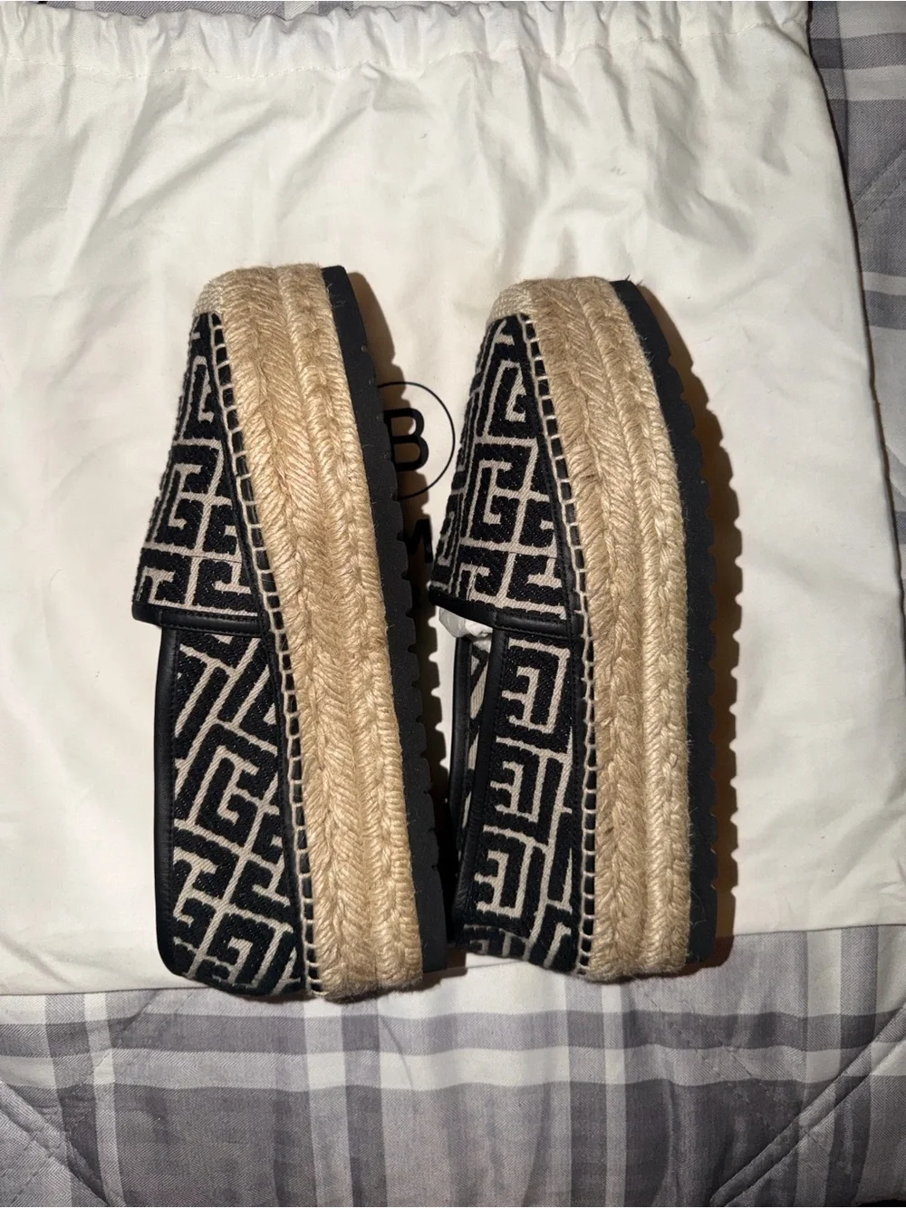 Balmain Black and Cream Geometric Espadrille Platform Loafers